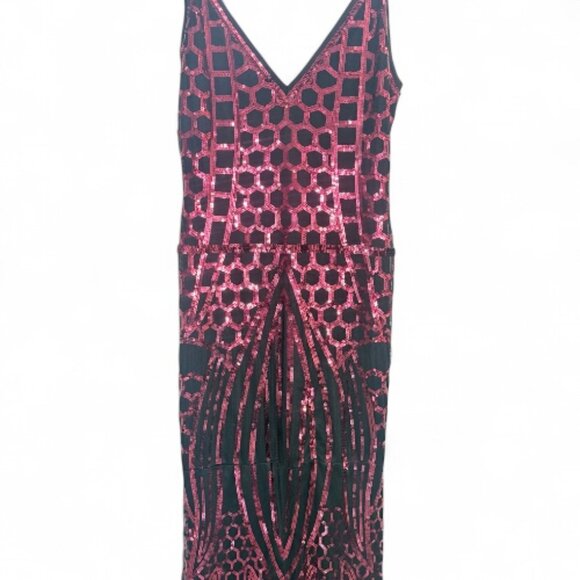VIJIV 1920s Art Deco Sequin Mermaid Gown XL Crimson Red V-Neck Slit - Picture 2 of 5